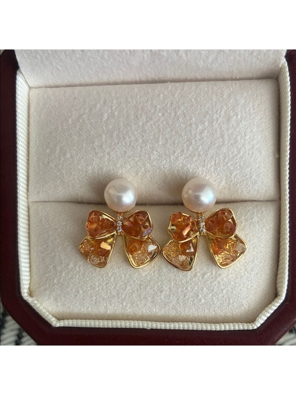 Pearl Gold and Amber Bow Earrings